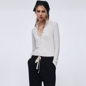 NWOT! Zara Light Grey Ribbed Knit Polo Neck Collar Long Sleeve Shirt Blouse Top